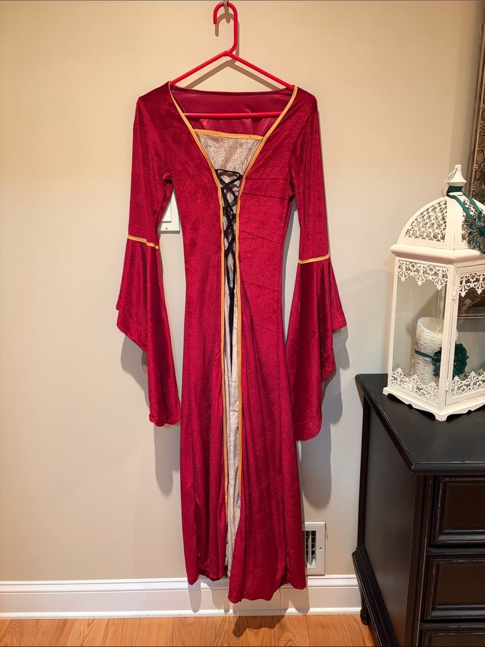 Red Medieval Lace-Up Maxi Dress with Gold Trim woman’s Halloween costume